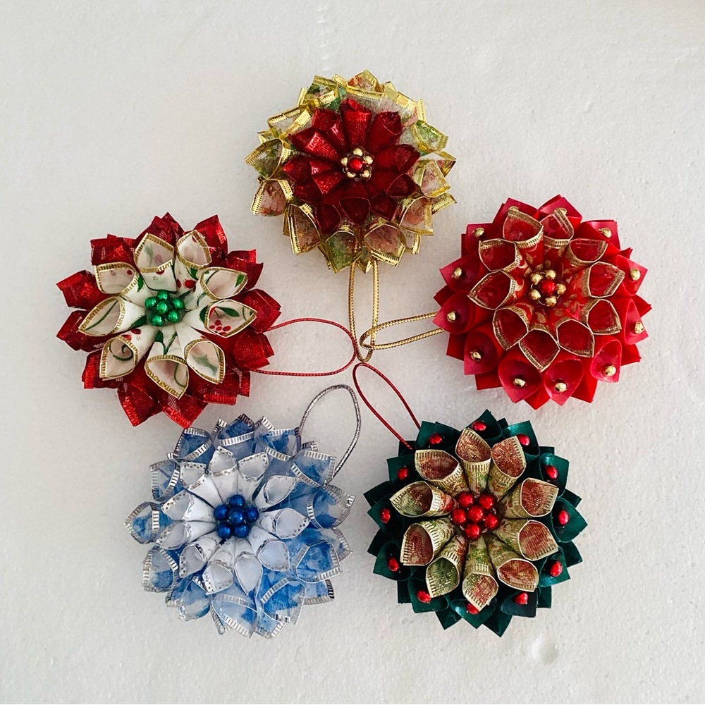Handcrafted Ribbon Double Sided Christmas Ornaments Set of 5. New.